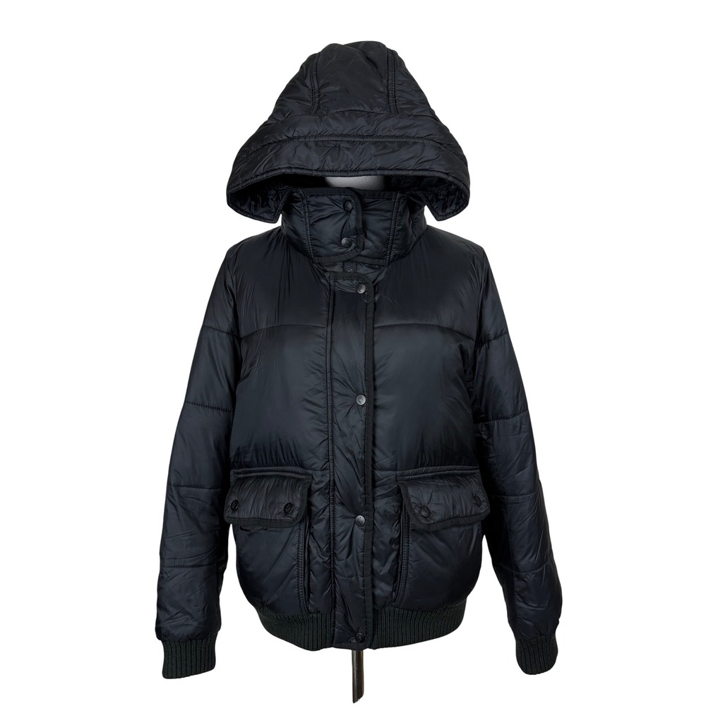 Abercrombie & Fitch Women Puffer Jacket L Black Hooded Water Resistant Bomber